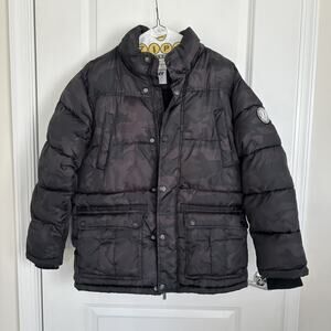 DKNY Boys Large 14/16 Black Gray Camo Puffer Jacket Fleece Lined Winter Coat